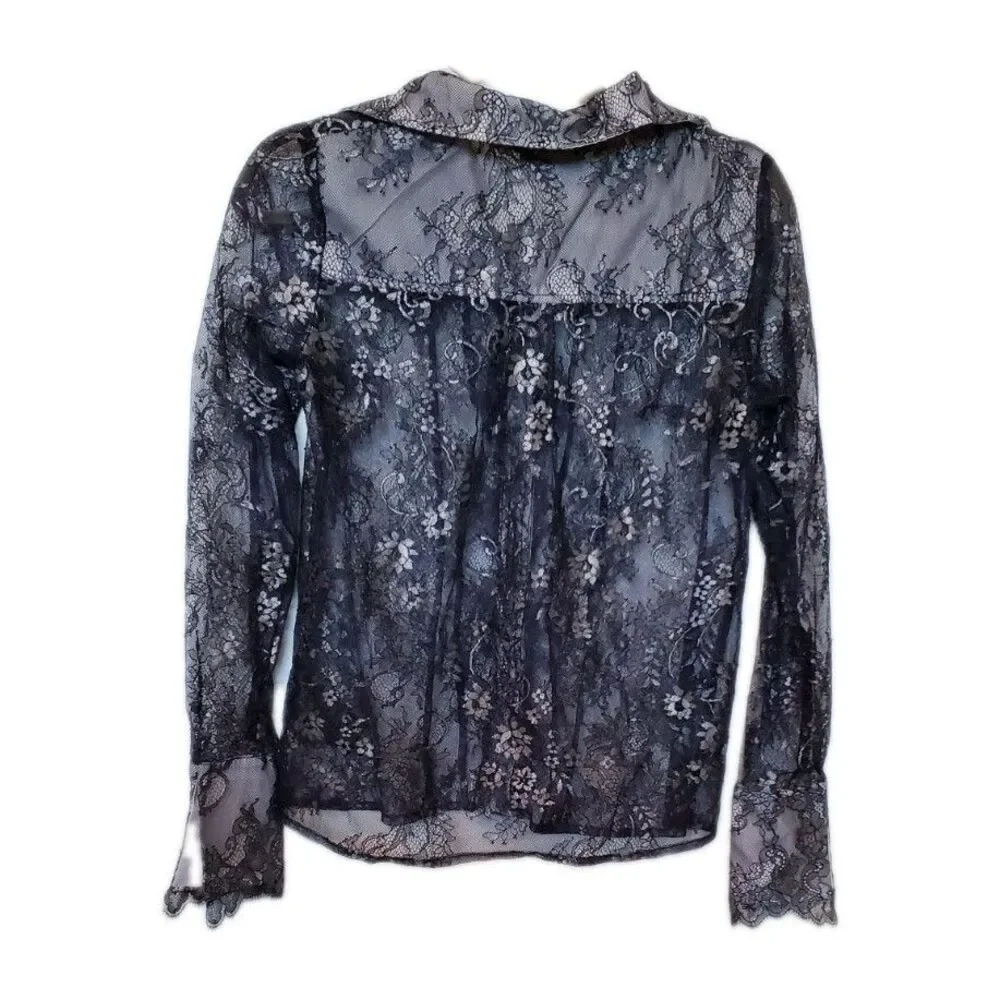 Anthropologie Maeve XS Lace Sheer Long Sleeve Button Down Blouse Black Witchy - Picture 7 of 7